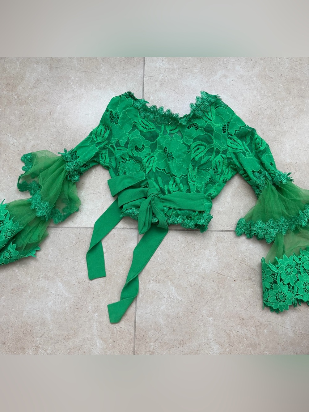 Green Lace Tie-Waist Crop Top - Women Tops